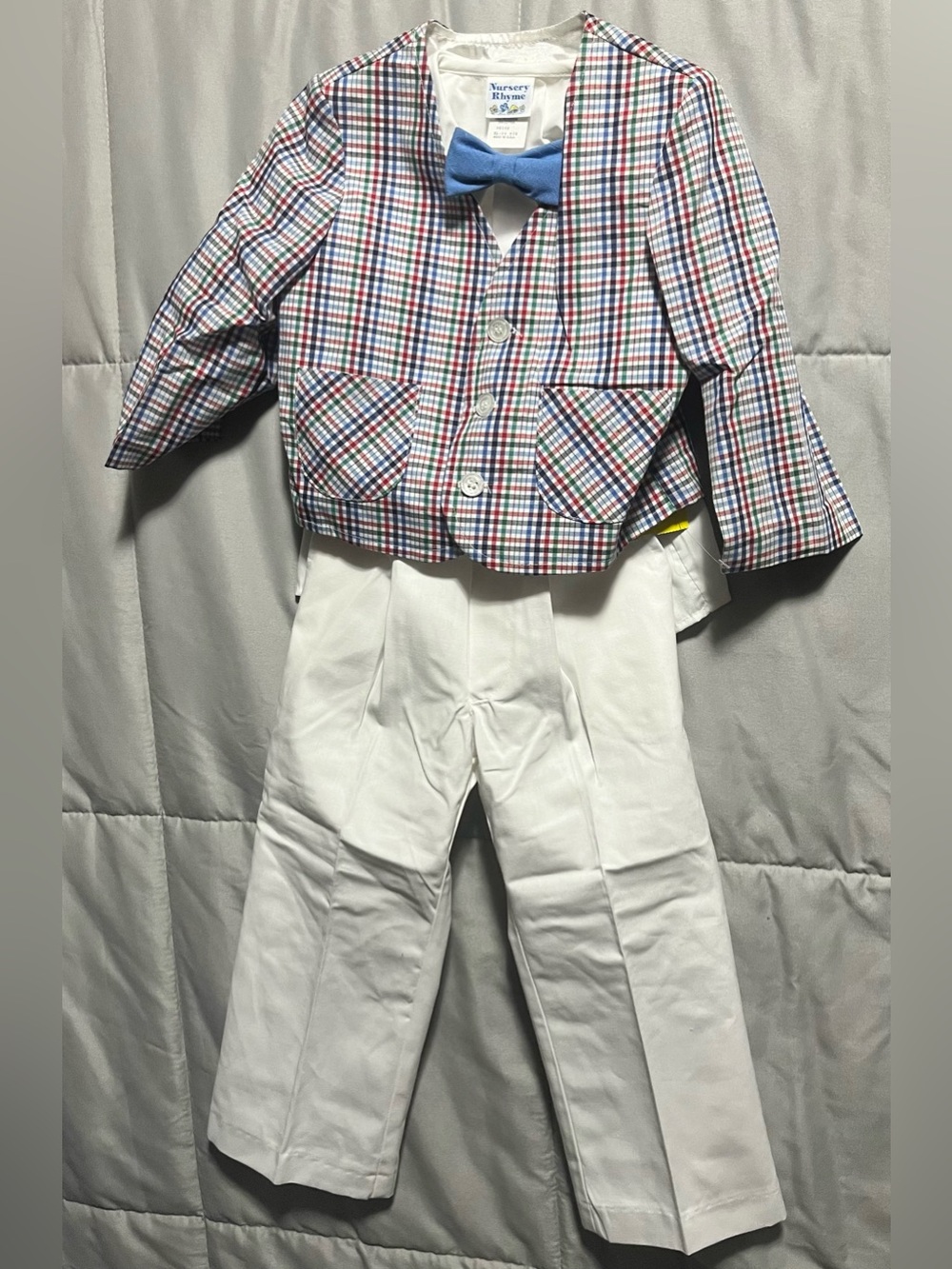 Vintage Nursery Rhyme 3 Pc Boys Suit Set 24 M Plaid Vest Shirt Pants Bow Tie USA